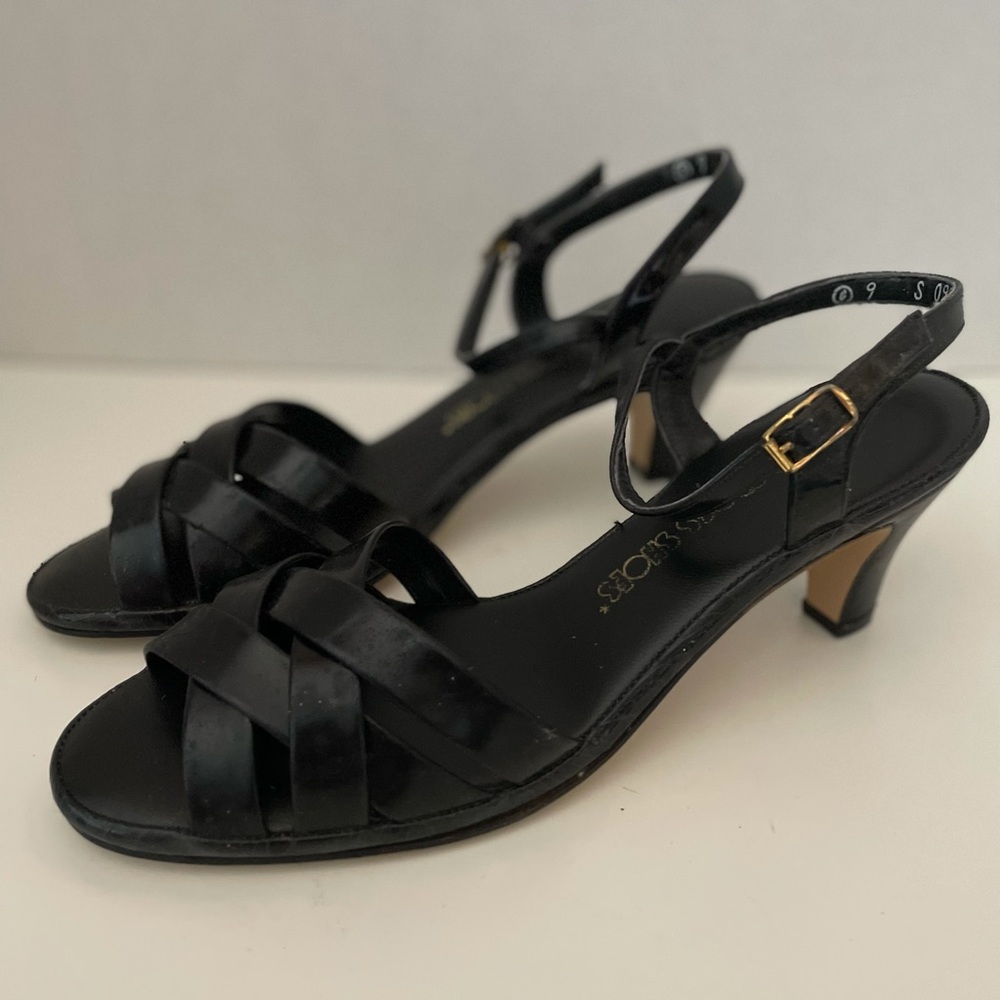 Vintage Red Cross Shoes, Black Strappy Open Toe High Heels, Size 9 S.  GUC